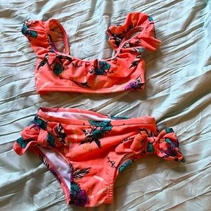 Jessica Simpson 2 Piece Salmon Floral Ruffle & Bow Swim suit, size 24 month